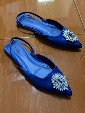 Open Edit Cobalt Blue Satin Pointed Slingback Flats with Crystal Gemstone Accent